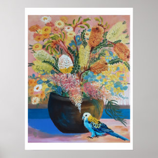 Póster Rosella y flores silvestres australianas de cabeza