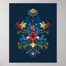 Póster Rosemaling Escandinavo Folk Azul Rojo