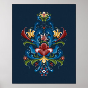 Póster Rosemaling Escandinavo Folk Azul Rojo