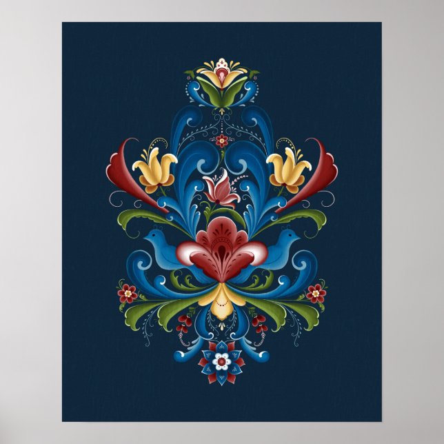 Póster Rosemaling Escandinavo Folk Azul Rojo (Frente)