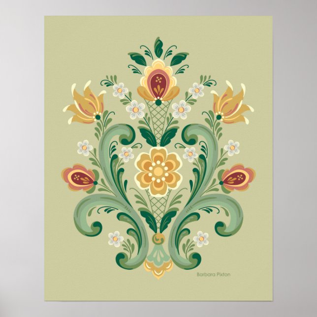 Póster Rosemaling Green y Gold (Frente)
