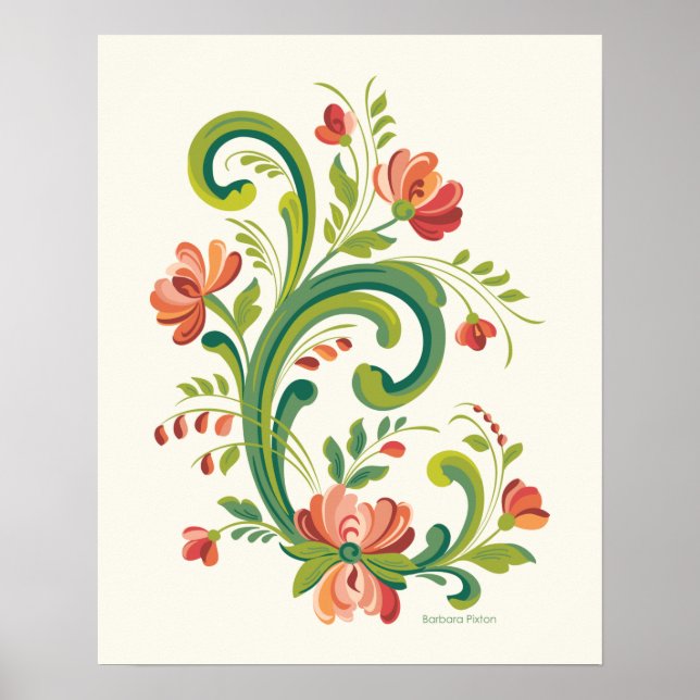 Póster Rosemaling Rojo y Rosa (Frente)