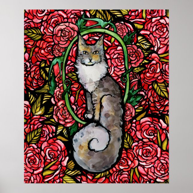 Póster Roses rojas Maine Coon Kitty Gato Rosa Gato (Frente)
