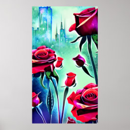Póster Roses rojos con paisaje urbano moderno