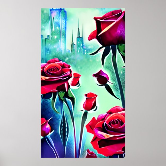Póster Roses rojos con paisaje urbano moderno (Frente)