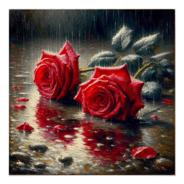 Póster Roses Rojos En Lluvia (Anverso)