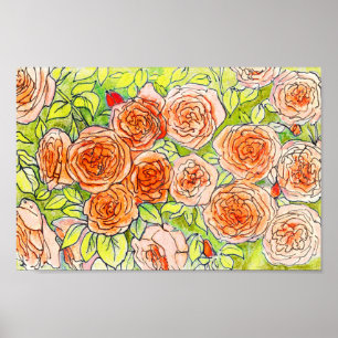 Póster Roses rojos, hojas verdes Rosa boceto de flores en