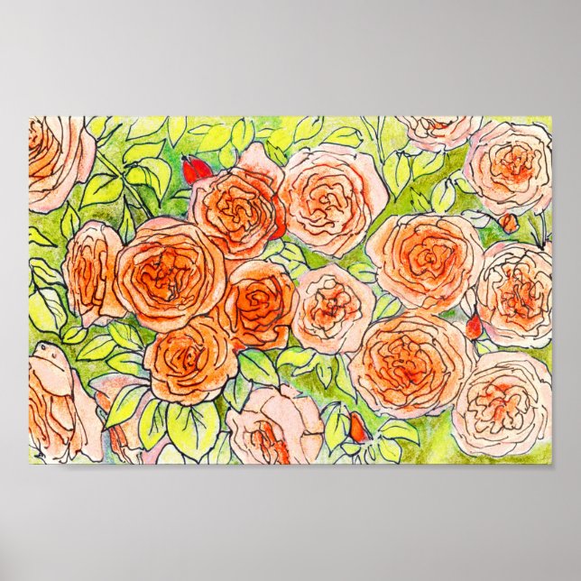 Póster Roses rojos, hojas verdes Rosa boceto de flores en (Frente)