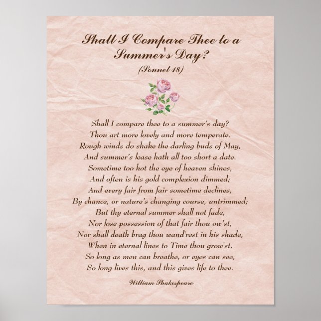 Póster Roses rosados, William Shakespeare Love Poem Poste (Frente)