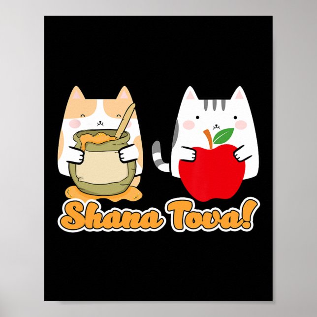 Póster Rosh Hashana Para Gatos Kawaii - Feliz Judío (Frente)