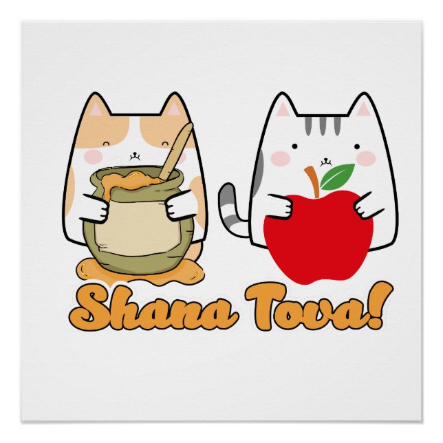 Póster Rosh Hashanah kawaii Gatos - Año nuevo judío (Anverso)