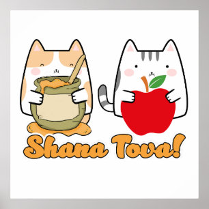 Póster Rosh Hashanah kawaii Gatos - Año nuevo judío