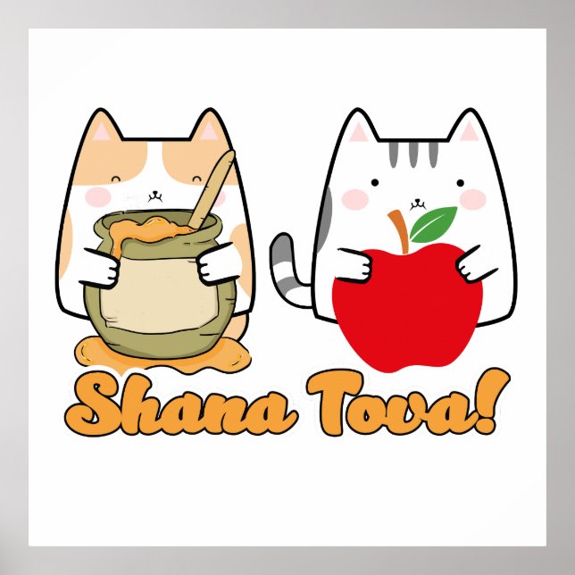 Póster Rosh Hashanah kawaii Gatos - Año nuevo judío (Frente)