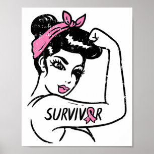 Póster Rosie Riveter Breast Cancer Survivor Ribbon Awaren