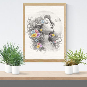 Póster Rostro de Mujer con Efecto Texturizado de Flores