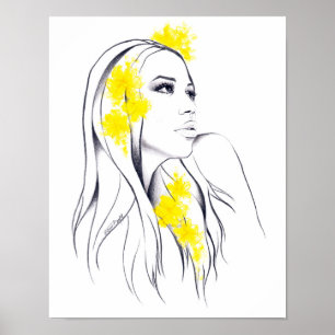 Póster Rostro de mujer Flores amarillas Ilustración artís