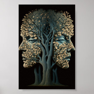 Póster Rostros de árbol de ilusión óptica con hojas que o