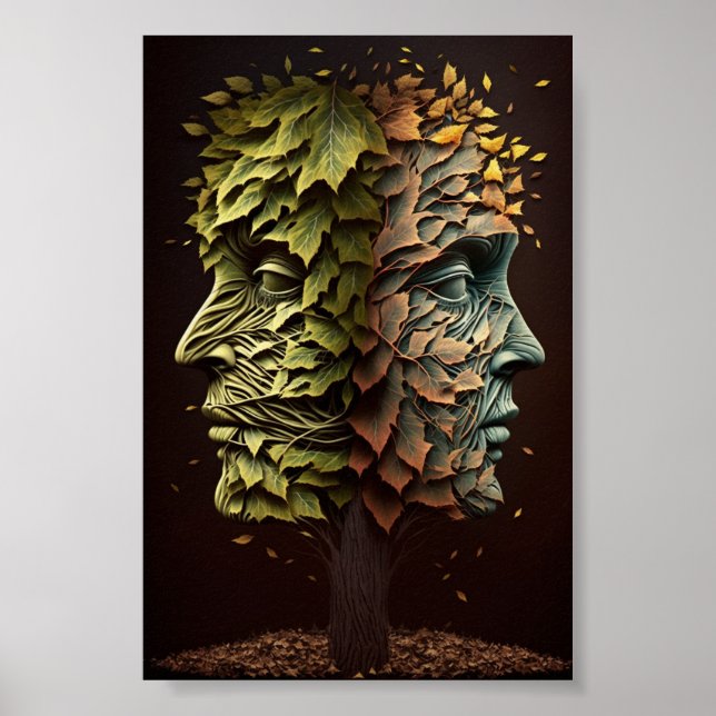 Póster Rostros de árbol de ilusión óptica con hojas que o (Frente)