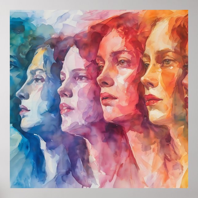 Póster Rostros de las mujeres - Pintura de acuarela (Frente)