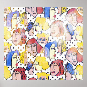 Póster Rostros de mujeres abstractas, puntos de polka acu