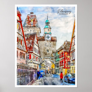 Póster Rothenburg Alemania acuarela de viaje vintage