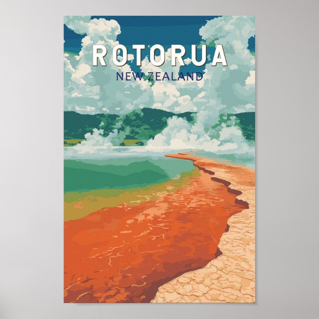 Póster Rotorua Nueva Zelanda Ilustracion Viaje Retro (Frente)
