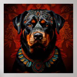 Póster Rottweiler ceremonial con atuendo de guerrero