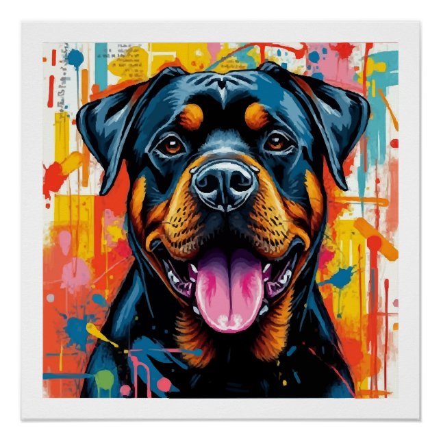 Póster Rottweiler Colorido Pop Art � Estilo de Salpicadur (Anverso)