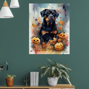 Póster Rottweiler de Halloween con calabazas aterradoras