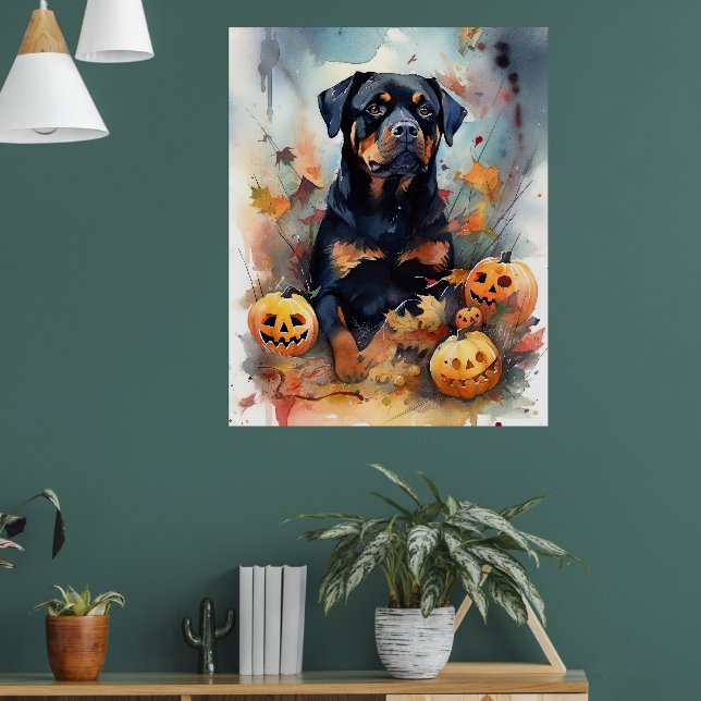 Póster Rottweiler de Halloween con calabazas aterradoras (Salón 1)