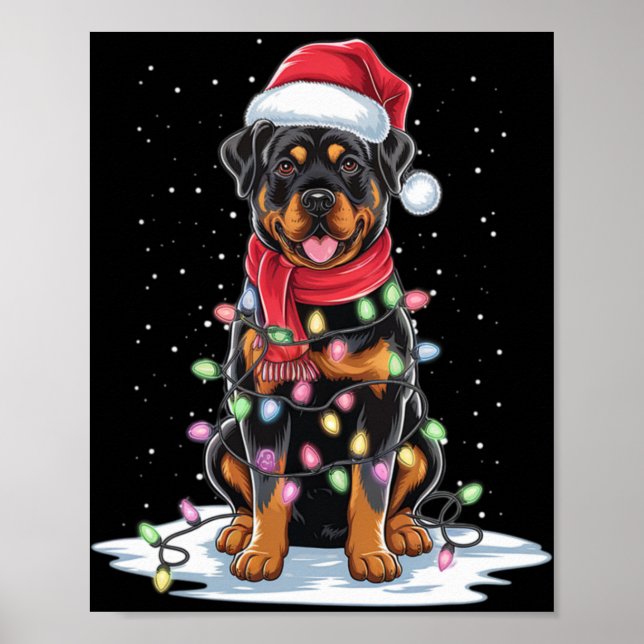 Póster Rottweiler Dog Santa Hat Christmas Tree Light Xmas (Frente)