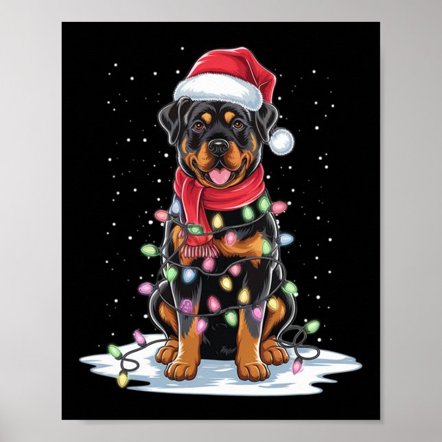 Póster Rottweiler Dog Santa Hat Christmas Tree Light Xmas (Frente)