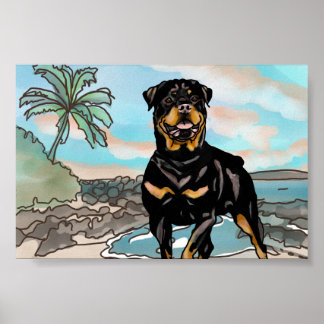 Póster Rottweiler jugando en la playa de Hawaii