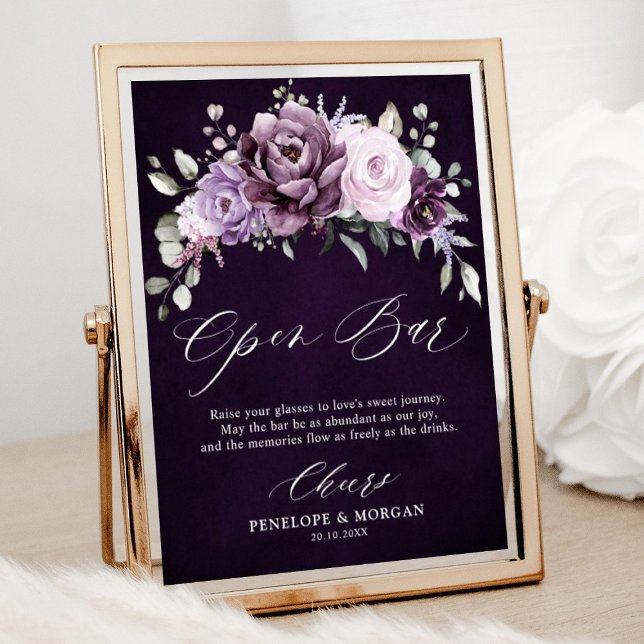 Póster Rótulo abierto de Boda violeta en tonos polvorient (Shades of dusty purple blooms floral open bar sign)