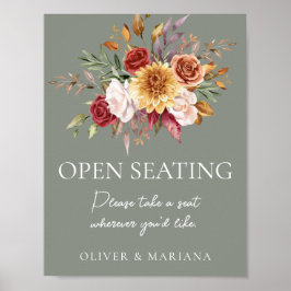Póster Rótulo Abierto del Boda Verde Floral Fall Sage
