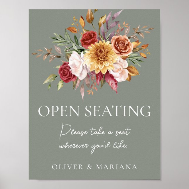 Póster Rótulo Abierto del Boda Verde Floral Fall Sage (Frente)