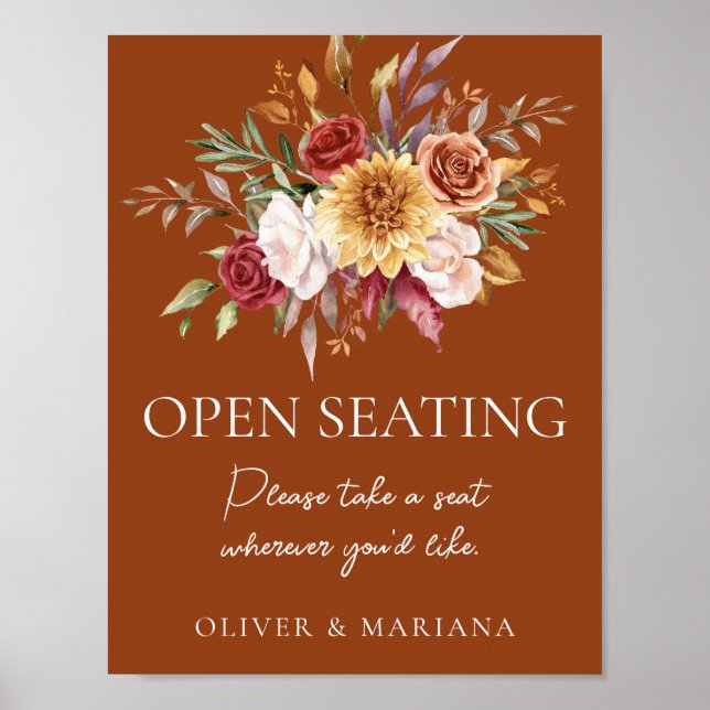Póster Rótulo Abierto Fall Floral Terracotta Boda (Frente)
