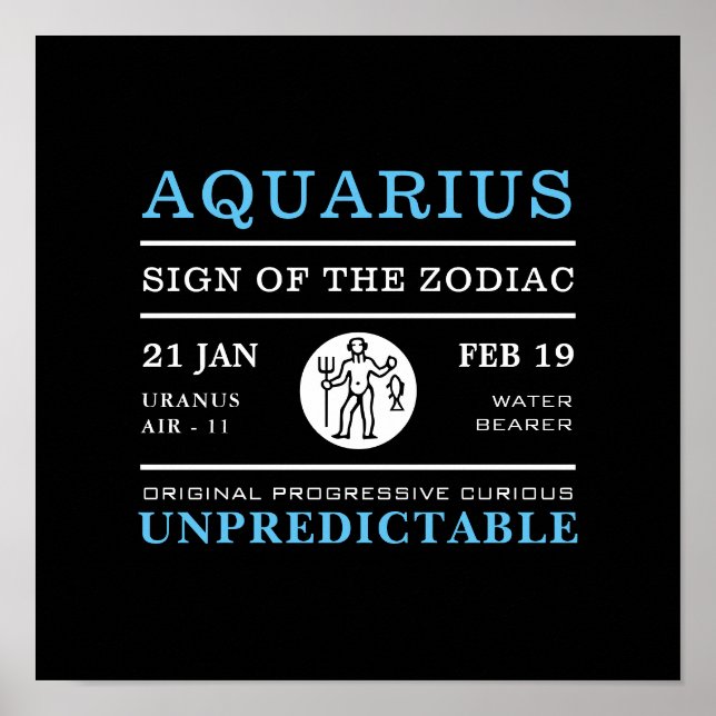 Póster Rótulo acuario del Zodiaco, Poster astrológico (Frente)