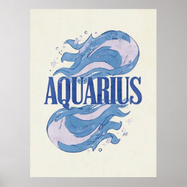 Póster Rótulo Acuario Zodiaco Vintage Con Ondas Abstracta