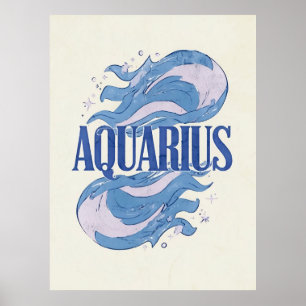 Póster Rótulo Acuario Zodiaco Vintage Con Ondas Abstracta