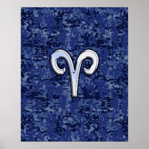 Póster Rótulo Aries Zodiac en camo digital azul de la mar