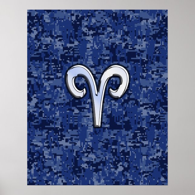 Póster Rótulo Aries Zodiac en camo digital azul de la mar (Frente)