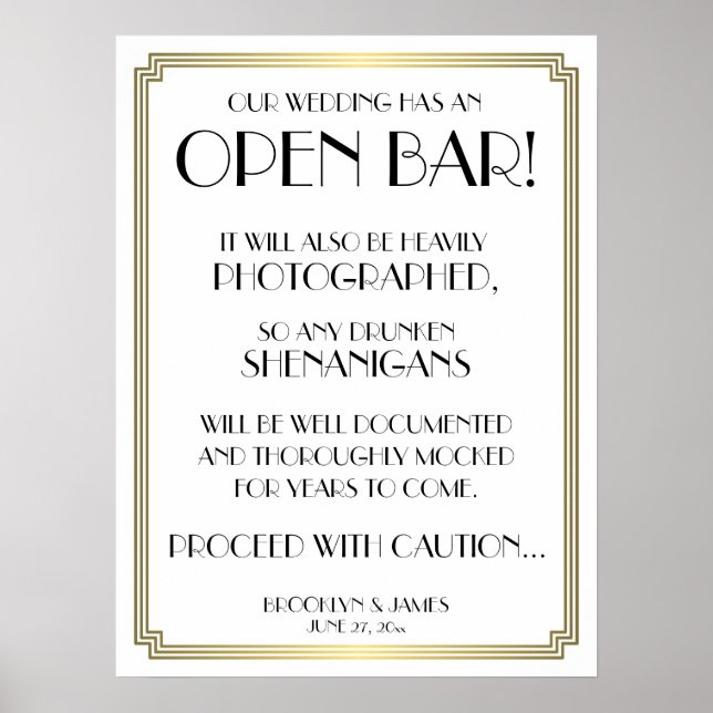 Póster Rótulo Art Deco Gatsby White And Gold Open Bar 18x (Frente)