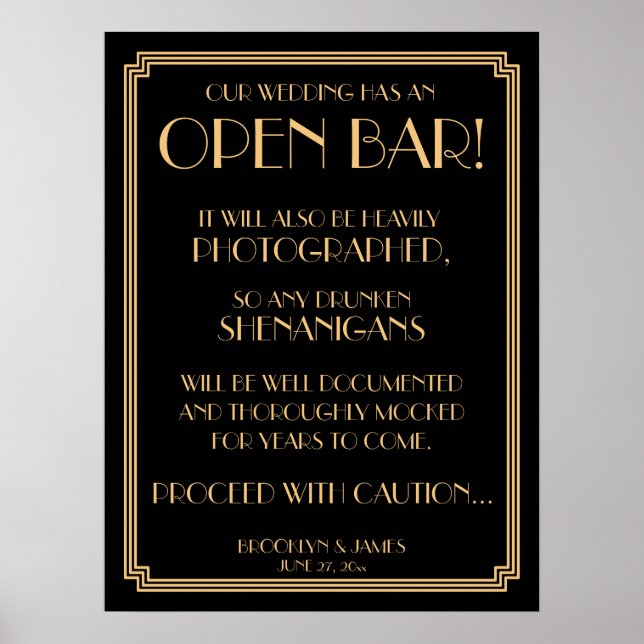 Póster Rótulo Art Deco Gold Gatsby Black Open Bar 18x24 (Frente)