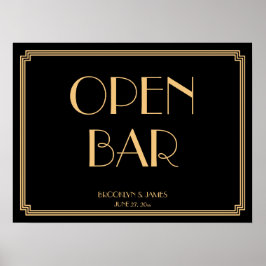 Póster Rótulo Art Deco Gold Gatsby Boda Open Bar 24x18