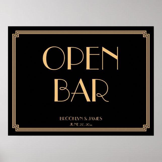 Póster Rótulo Art Deco Gold Gatsby Boda Open Bar 24x18 (Frente)