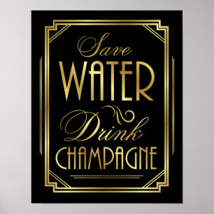 Póster Rótulo Art Deco GUARDAR AGUA BEBIDA CHAMPAGNE Impr