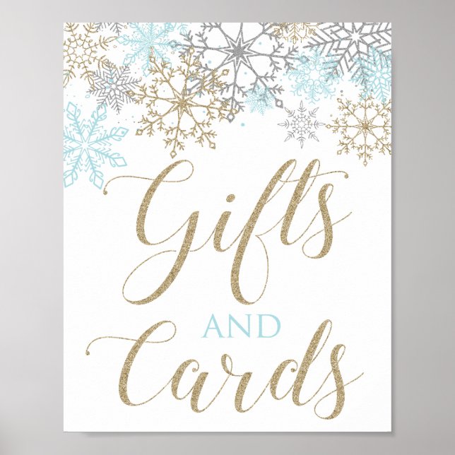 Póster Rótulo azul de los Regalos y Tarjetas de Invierno (Frente)