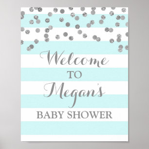 Póster Rótulo Baby Shower Blue Stripes Silver Confetti
