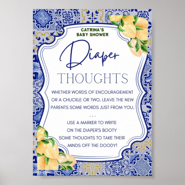Póster Rótulo Baby Shower Blue Tiles Lemon Citrus (Frente)